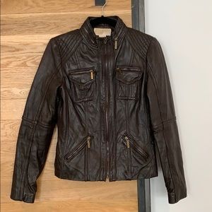 Michael Kors Chocolate Leather Bomber Moto Jacket